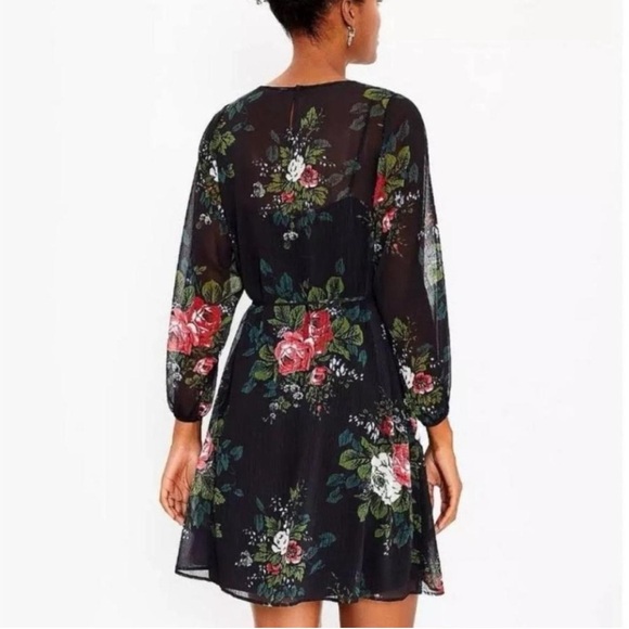 Gauzy navy floral petite LOFT dress with tie-waist - Picture 2 of 6